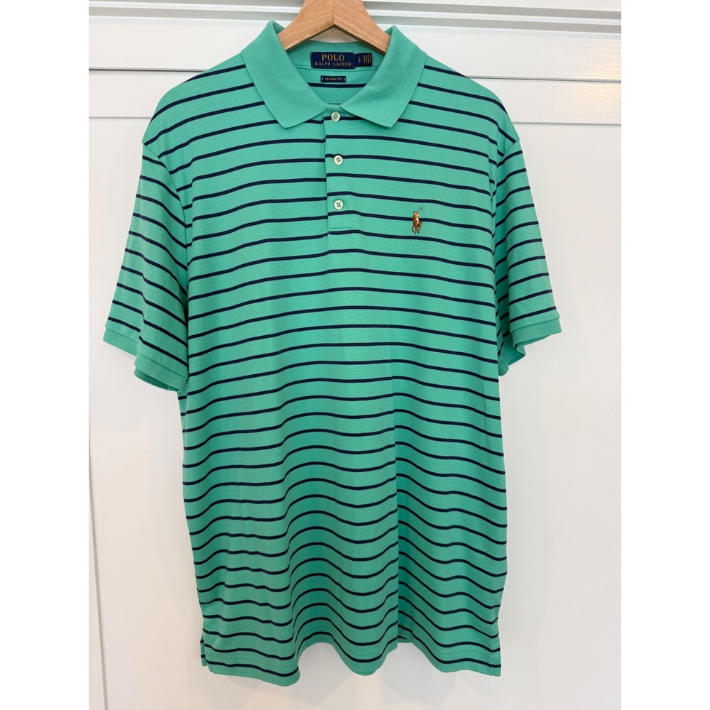 Polo Ralph Lauren Mens Classic Fit Striped Polo Shirt Green Navy Blue Large
